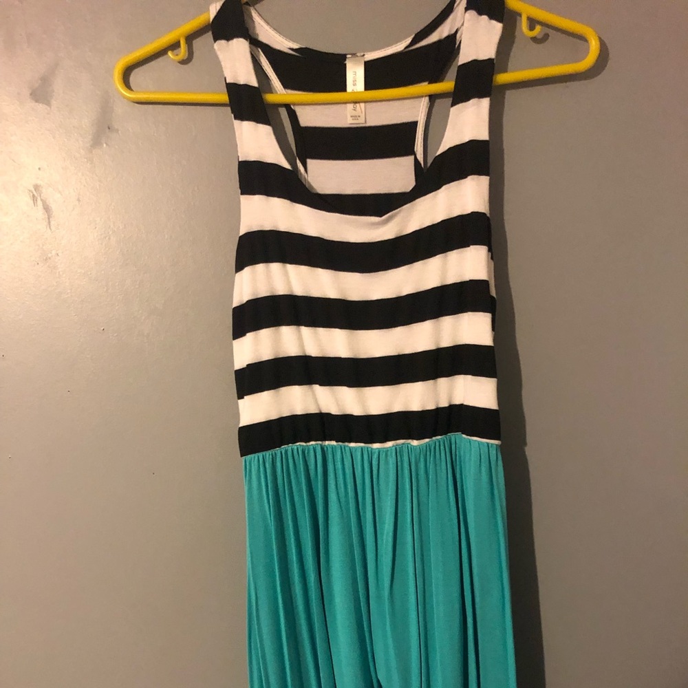 Blue black and white striped halter dress.